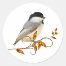 Chickadee on Jewelled Leaves Round Sticker