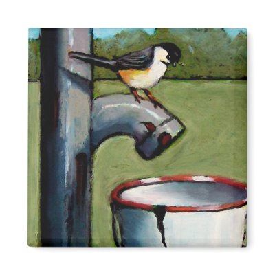 CHICKADEE ON PUMP PASTEL ART MAGNET by joyart