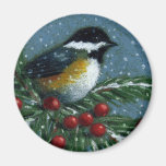 CHICKADEE ON SNOWY PINE BRANCH MAGNETS