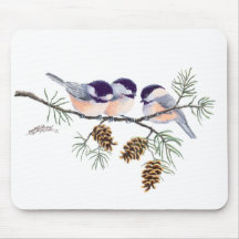 CHICKADEES & PINECONES by SHARON SHARPE Mouse Pad