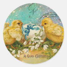 CHICKENS,FLOWERS ,EASTER EGG IN GOLD BLUE SPARKLES ROUND STICKERS