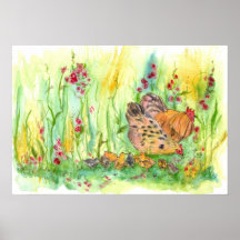 Chickens Watercolor Painting Hen Rooster Art Poster