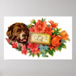 Chien vintage et affiche de fleurs