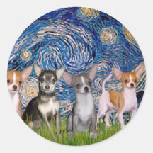Chihuahuas (four) - Starry Night Round Sticker
