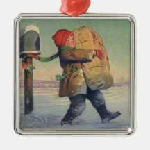Child Carrying a Christmas Package from Mailbox Christmas Tree Ornament