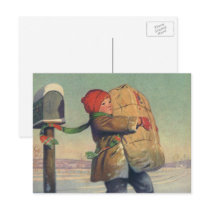 Child Carrying a Christmas Package from Mailbox Post Card