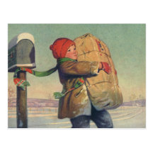 Child Carrying a Christmas Package from Mailbox Post Card