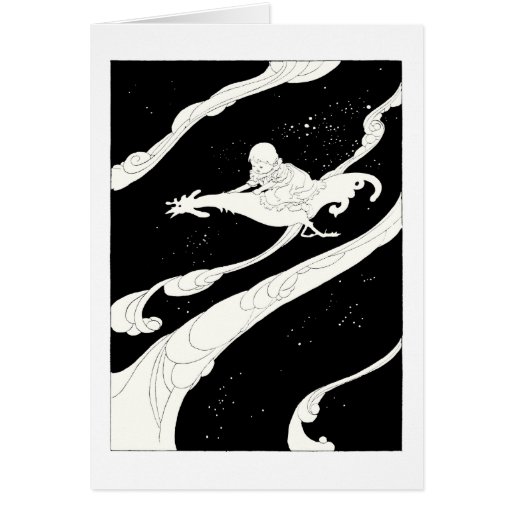Child riding a rooster in the starry sky cards