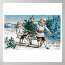 Children cutting down a Christmas Tree Posters