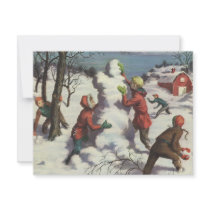 Children Playing in the Snow Building a Snowman Personalized Invite
