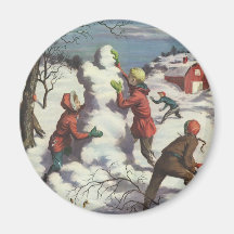 Children Playing in the Snow Building a Snowman Magnets