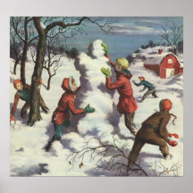 Children Playing in the Snow Building a Snowman Print