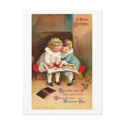 Children Reading Book Christmas Card by vintagegiftmall