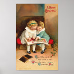 Children Reading Book Christmas Card Poster