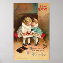 Children Reading Book Christmas Card Poster