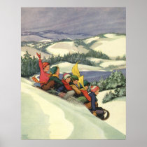 Children Sledding Winter Snow Mountain Christmas Posters