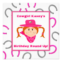 Children's Cowgirl Party Red Haired Girl Birthday Personalized Invite