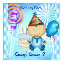 Child's Boy 3rd Birthday Blue Lollipops Personalized Announcements
