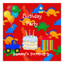 Child's Boy 3rd Birthday Party Dinosaur Red Announcements