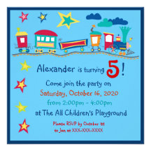 Child's cartoon train colorful party invitations