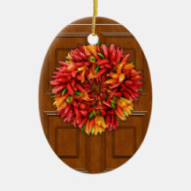 Chili Wreath on Wood Door Christmas Ornament
