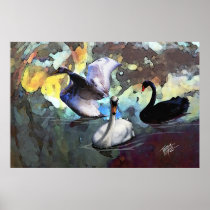 Chinese Watercolor Style Swans Swimming Print
