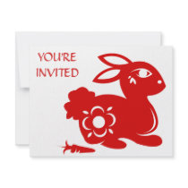 CHINESE ZODIAC RABBIT PAPERCUT ILLUSTRATION PERSONALIZED ANNOUNCEMENTS