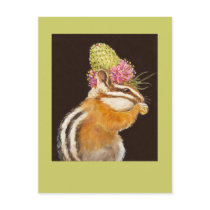 chipmunk with prairie clover hat on postcard