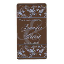 Chocolate and Periwinkle Floral Scroll Wine Label