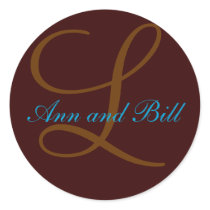 Chocolate and Teal Monogram Wedding Invitaion Seal Round Sticker