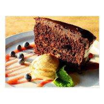 Chocolate cake with caramel ice cream postcard
