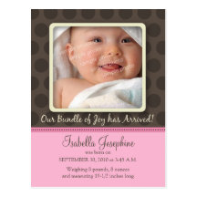 Chocolate Dots Baby Birth Announcement (pink) Post Cards