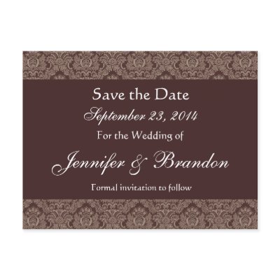 Chocolate & White Damask Save Date Postcard by JaclinArt