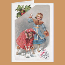 Chrildren Throwing Snowballs Vintage Christmas Car cards