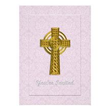 Christening Pink Damask with Gold  Cross Invitation