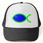 Christian Fish Symbol - Blue with Green Mesh Hat