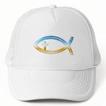 Christian Fish Symbol with Crucifix - Sky & Ground Trucker Hats