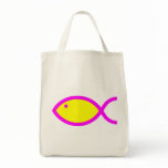 Christian Fish Symbol - Yellow with Pink Tote Bags