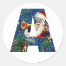 CHRISTMAS A LETTER / SANTA CLAUS BUGLER ROUND STICKER