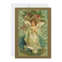 Christmas Angel with Gold Star, Holly, Red Berries Personalized Invitation