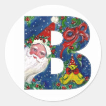 CHRISTMAS B LETTER / SANTA CLAUS WITH RED RIBBON ROUND STICKER