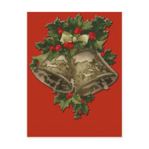 Christmas Bells and Holly on Scarlet Background Post Cards