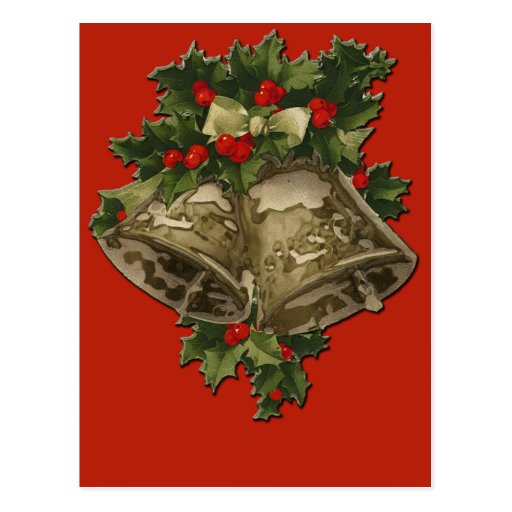 Christmas Bells and Holly on Scarlet Background Post Cards