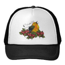 Christmas Bird Singing With Hollly, Berries Hats