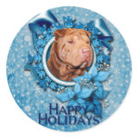 Christmas - Blue Snowflake - Shar Pei - Lucky Round Sticker