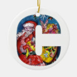 CHRISTMAS C LETTER  / SANTA  WITH GIFTS MONOGRAM CHRISTMAS TREE ORNAMENTS