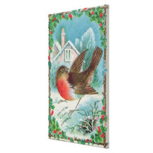 Christmas card depicting a robin stretched canvas print