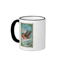 Christmas card depicting a robin coffee mug