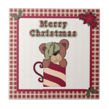Christmas Card Teddy Bear in a Mug with Plaid Tile