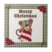 Christmas Card Teddy Bear in a Mug with Plaid Tile
